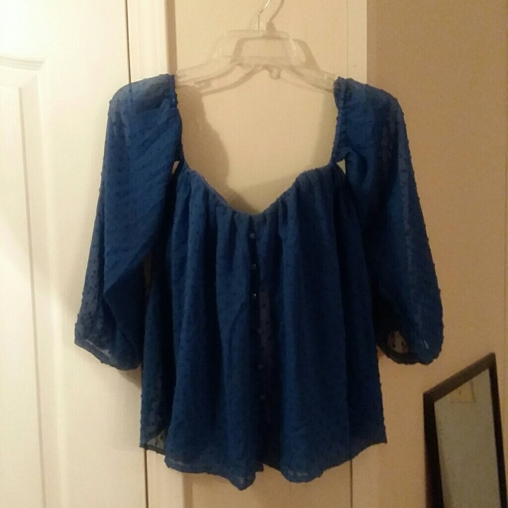 Shinestar-Blue Strapless Open Shoulder Sheer Top - Picture 4 of 8